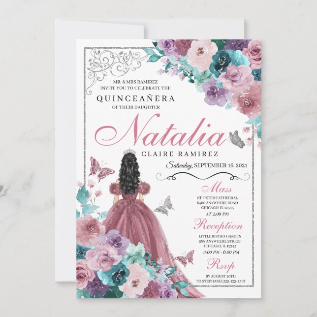 Invitación Mauve y Verde azulada Princesa Quinceanera (Anverso)