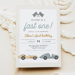 Invitación MAVERICK Pastel Race Car Fast One First Birthday<br><div class="desc">Esta rápida invitación de un segundo cumpleaños incluye tarjetas de raza azul sabio pastel y amarillo mostaza con un divertido tipo de letra de estilo retro. Esta invitación es perfecta para tu evento de niños con temas de carrera. Edite fácilmente *most* frases para satisfacer las necesidades de tu evento.</div>