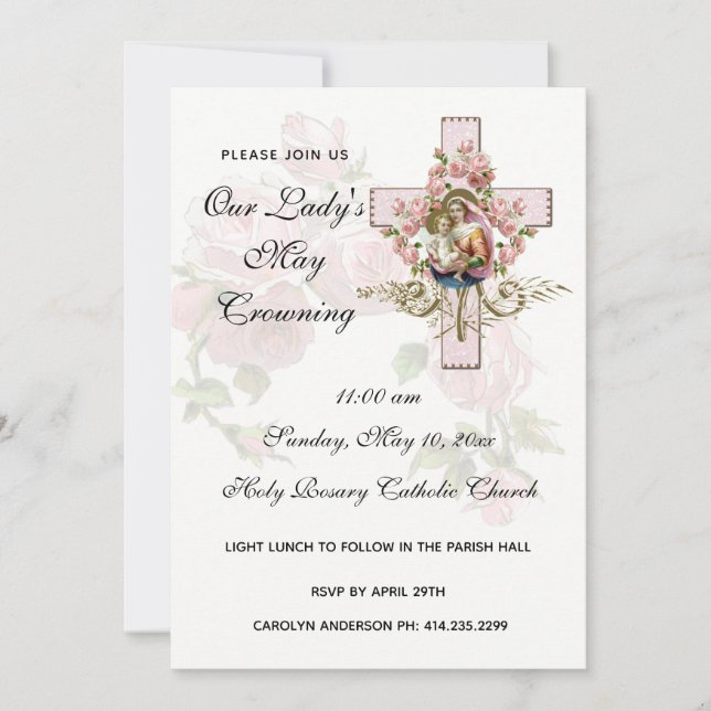 Invitación May Crowne Virgin Mary Religious Pink Roses Invi (Anverso)