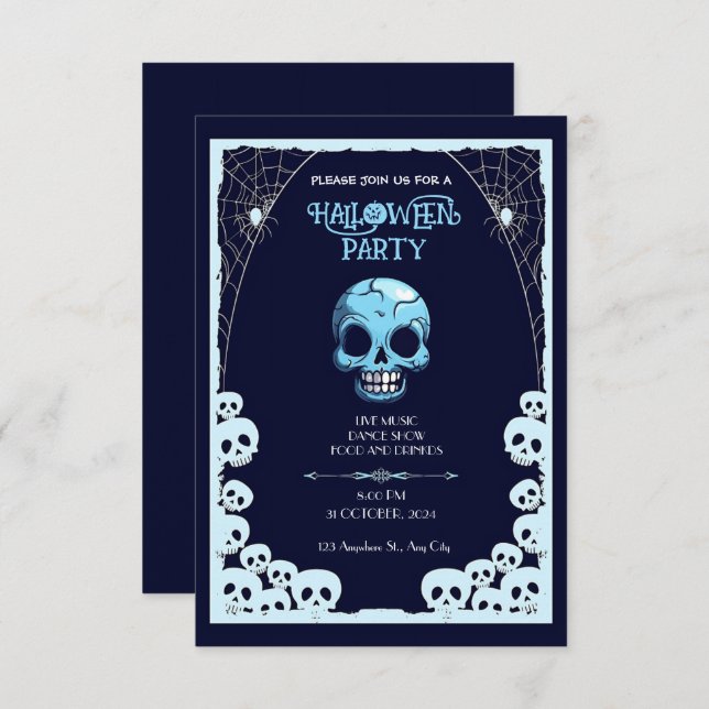 Invitación Mayhem iluminado por la luna: Halloween azul y neg (Anverso / Reverso)