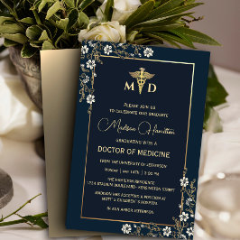 Invitación MD Médica de Medicine Navy Floral Azul y Oro