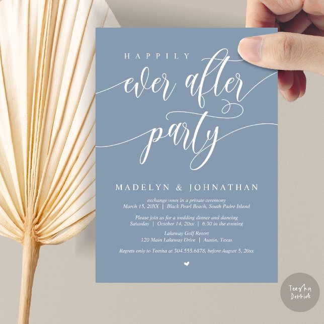 Invitación Me alegro de haber cenado Fiesta Boda, cobre. (Happily Ever After Party, Modern Calligraphy Wedding Dinner Invitation Card, PDF, in Dusty Blue)