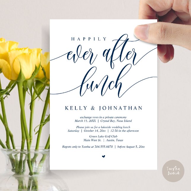 Invitación Me alegro de haber comido Boda, azul marino (Happily Ever After Wedding Lunch Invitation Card, PDF, Modern Calligraphy, in Navy Blue)