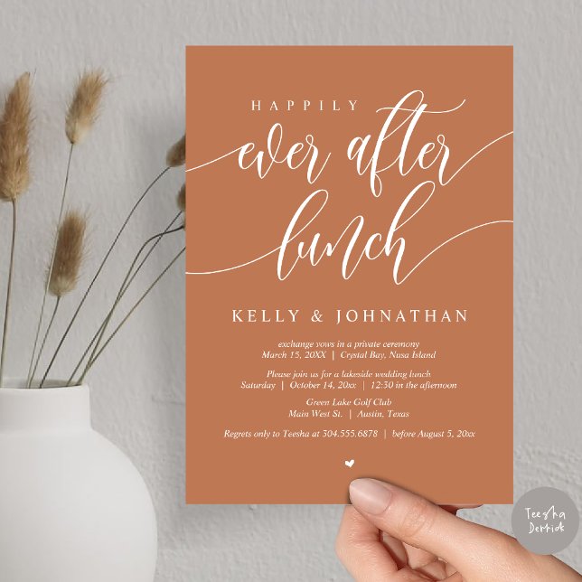 Invitación Me alegro de haber comido Boda, en polvo de cobre (Happily Ever After Wedding Lunch Invitation Card, PDF, Modern Calligraphy, in Copper)