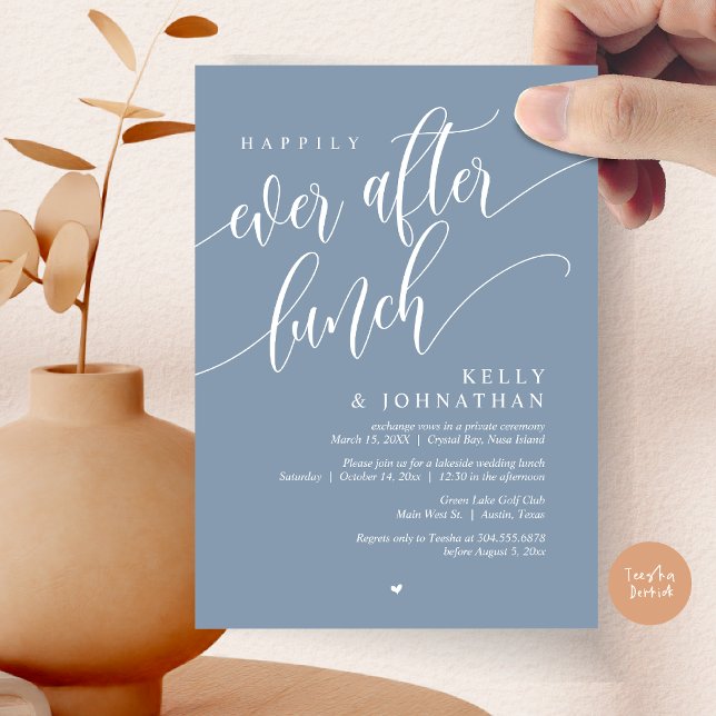 Invitación Me alegro de haber disfrutado el almuerzo Boda, az (Happily Ever After Lunch Invitation Card, PDF, Post Wedding Celebration, in Dusty Blue)