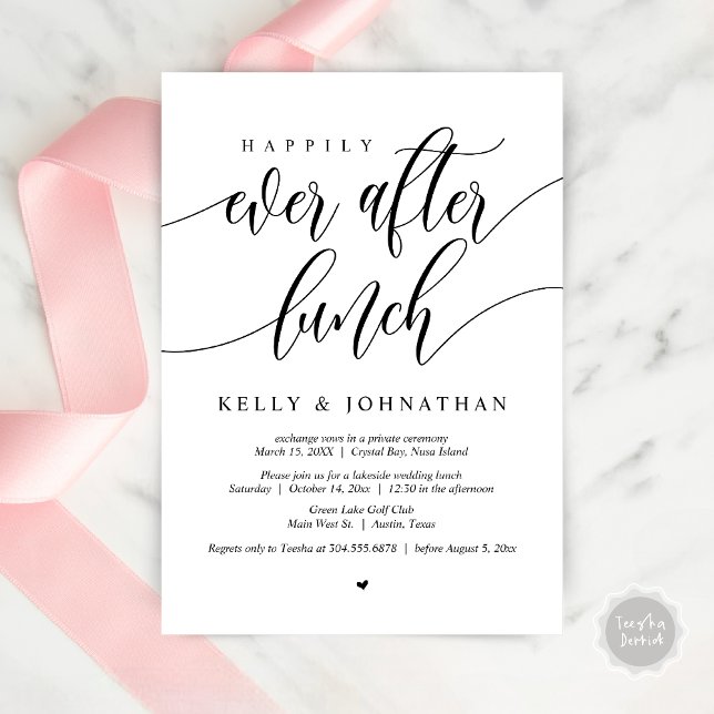 Invitación Me alegro de haber disfrutado el almuerzo del Boda (Happily Ever After Wedding Lunch Invitation Card, PDF, Modern Calligraphy, in Black and White)