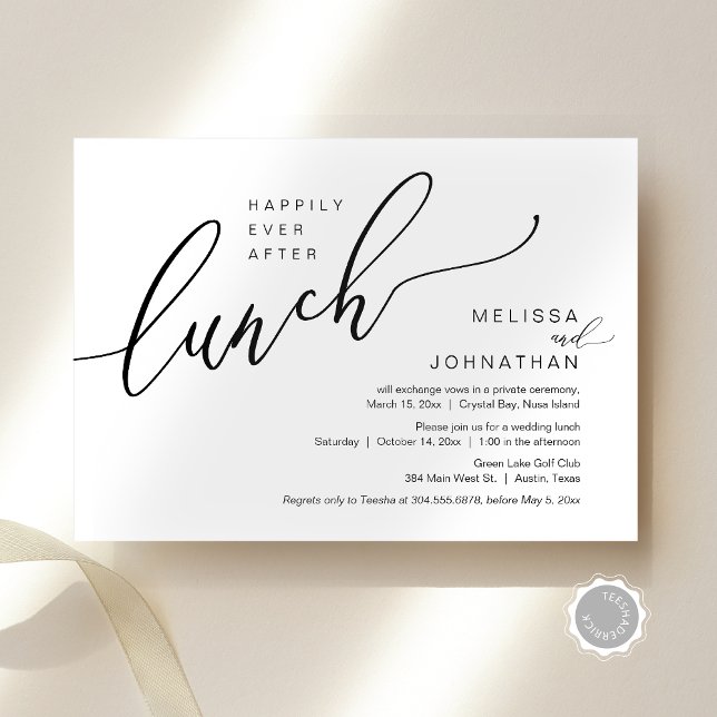 Invitación Me alegro de que el almuerzo del Boda Elopement (Happily Ever After Wedding Elopement Lunch Invitation Card, Modern Romantic, Editable Downloadable)
