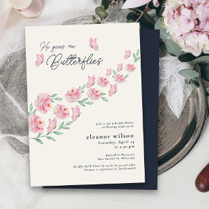 Invitación Me Da Butterfies, ducha de novias con flores rosad