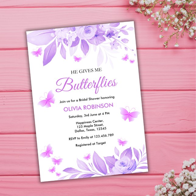 Invitación Me Da Mariposas Ducha Morada Bridal (He Gives Me Butterflies Purple Bridal Shower Invitation )