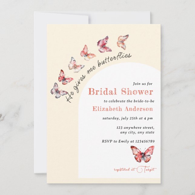 Invitación Me da mariposas, elegante ducha de novia (Anverso)