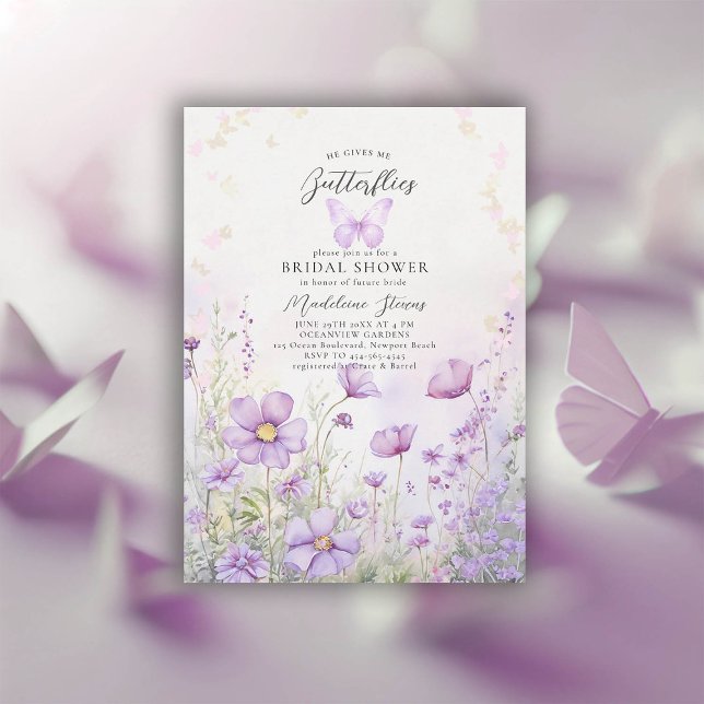 Invitación Me Da Mariposas Flores Silvestres Ducha De Novias (he gives me butterflies purple wild flower garden watercolor bridal shower invitation)