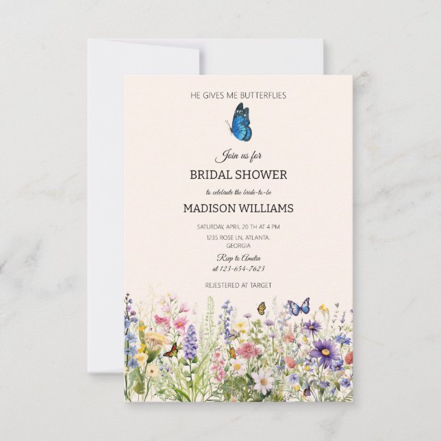 Invitación Me Da Mariposas Flores Silvestres Ducha De Novias (Anverso)