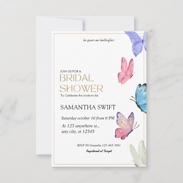 Invitación Me da mariposas Simple Bridal Shower (Anverso)