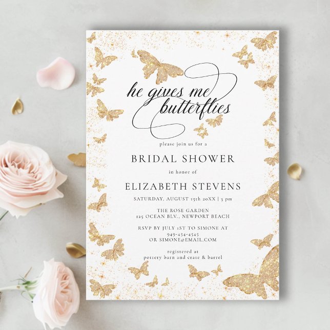 Invitación Me Da Mariposas Una Ducha Romántica De Novias (he gives her butterflies bridal shower theme invite gold romantic calligraphy elegant boho chic)