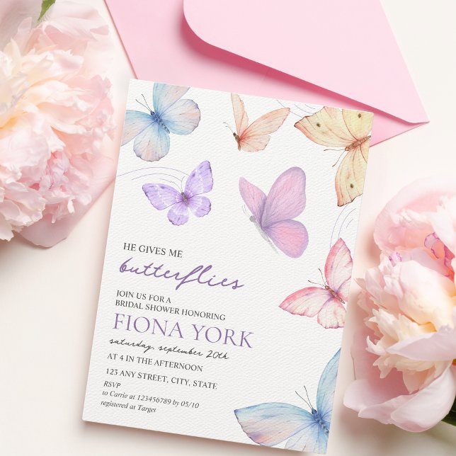 Invitación Me da Moda de mariposas Elegante ducha de novia (He gives me butterflies bridal shower invitation)