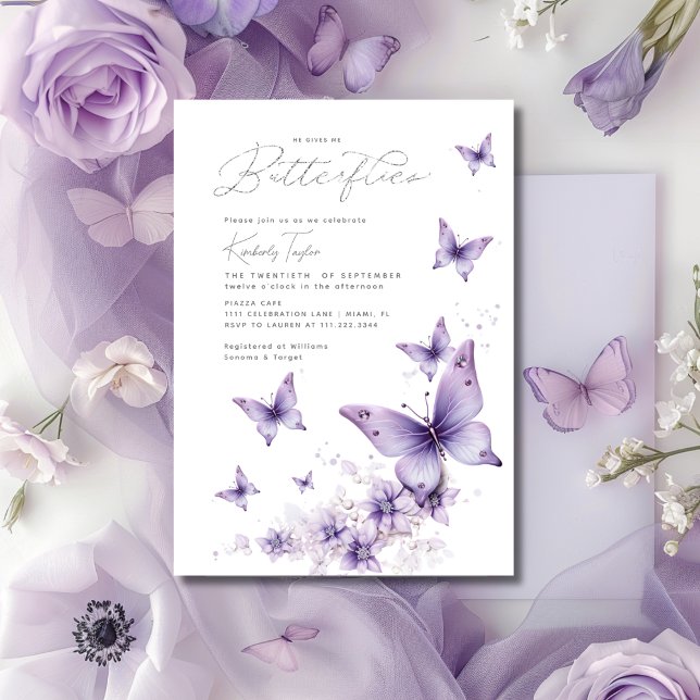 Invitación Me Da Una Ducha De Novias Mariposas Púrpura (He Gives Me Purple Butterflies Bridal Shower Invitation)