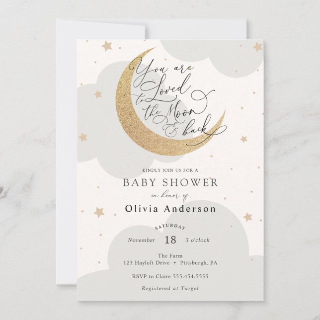 Invitación Me encantó la luna y el Baby Shower neutral de atr (Anverso)