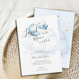 Invitación Me encantó Moon Blue Clouds Airplane Baby Boy Show