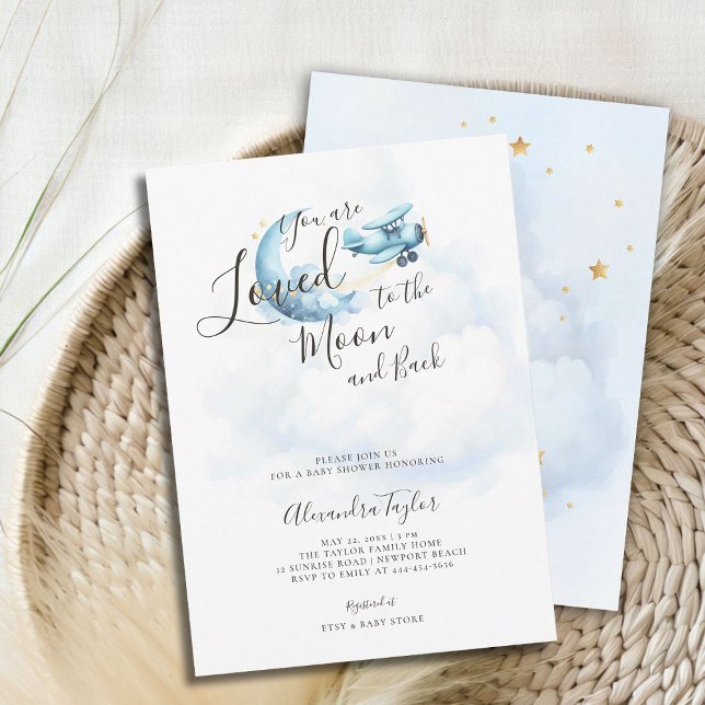 Invitación Me encantó Moon Blue Clouds Airplane Baby Boy Show (loved to the moon baby boy shower invitation airplane blue clouds gold stars watercolor cute sweet)