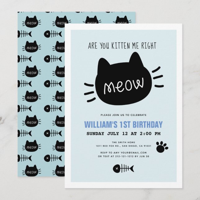 Invitación ¿Me Estás Gatito A La Derecha, Meow Blue BIrthday (Anverso / Reverso)