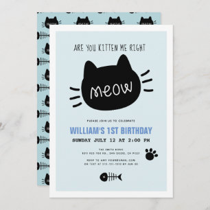 Invitación ¿Me Estás Gatito A La Derecha, Meow Blue BIrthday