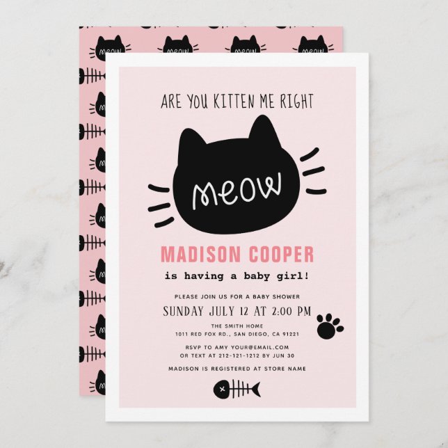 Invitación ¿Me Estás Gatito A La Derecha, Meow Chica Rosa Bab (Anverso / Reverso)