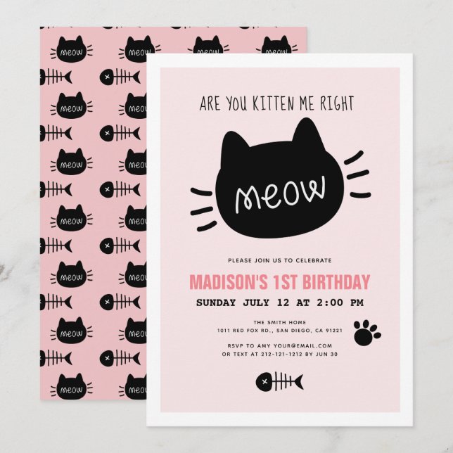 Invitación ¿Me Estás Gatito A La Derecha, Meow Pink BIrthday? (Anverso / Reverso)