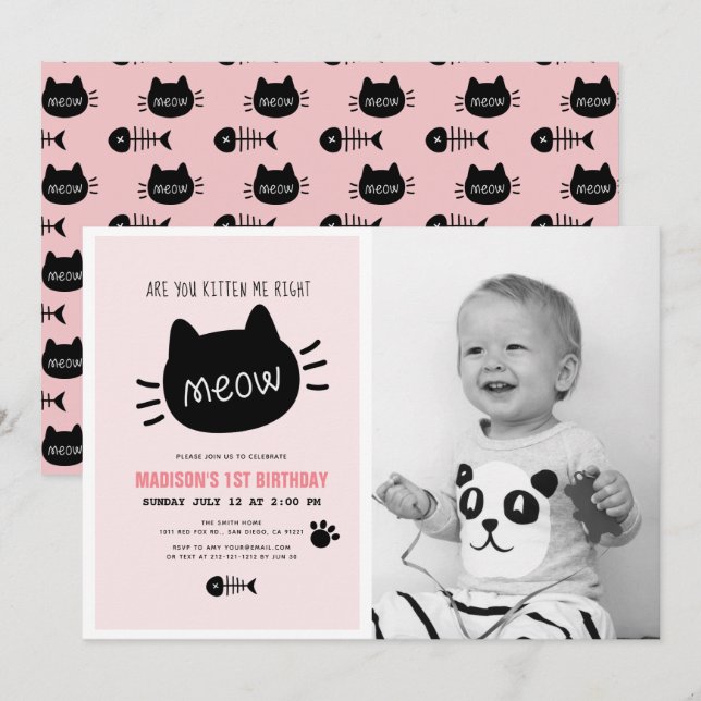 Invitación ¿Me Estás Gatito A La Derecha, Meow Pink BIrthday  (Anverso / Reverso)