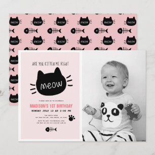 Invitación ¿Me Estás Gatito A La Derecha, Meow Pink BIrthday 