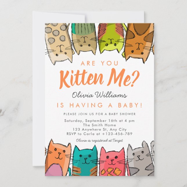 Invitación ¿Me Estás Gatito? Kitty Cats Neutral Baby Shower (Anverso)