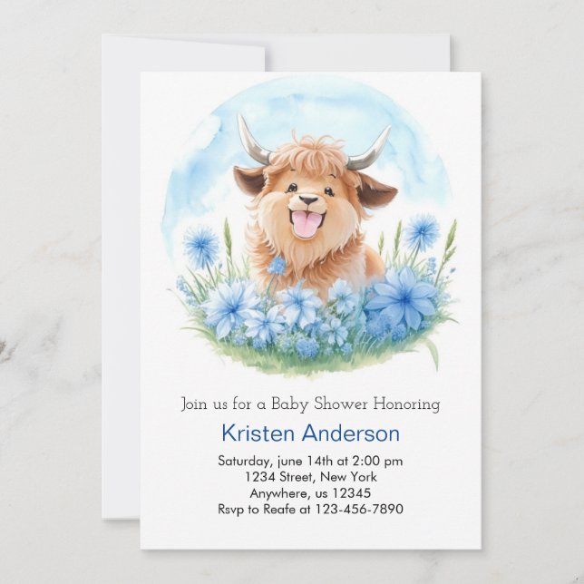 Invitación Meadow Adventure Blue Highland Cow Boy Baby Shower (Anverso)