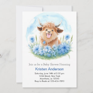 Invitación Meadow Adventure Blue Highland Cow Boy Baby Shower