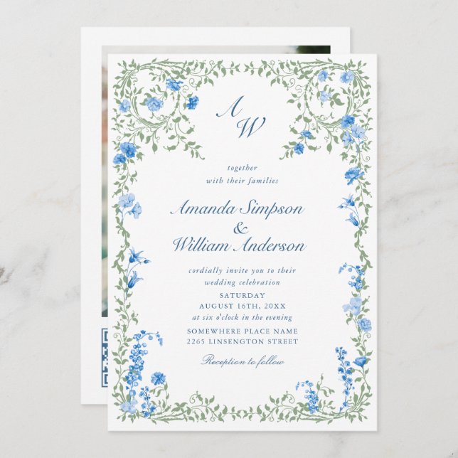 Invitación Meadow Blue Rosas franceses Boda código QR Foto (Anverso / Reverso)