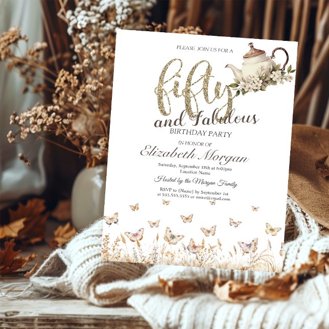 Invitación Meadow Butterflies Tea Cup 50 cumpleaños (Subido por el creador)