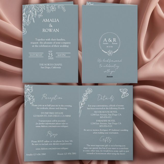 Invitación Meadow Flowers Boda gris azul todo en uno (Subido por el creador)