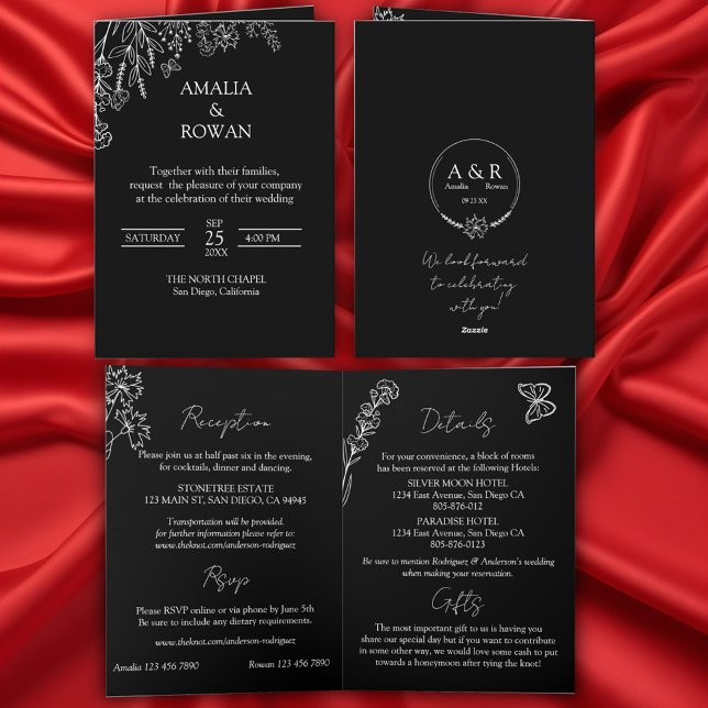 Invitación Meadow Flowers Boda todo en uno blanco y negro (Subido por el creador)