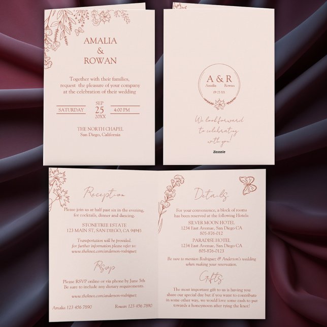 Invitación Meadow Flowers Misty Rosa Boda todo en uno (Subido por el creador)