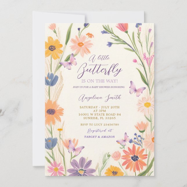 Invitación Meadow Garden Wildflower Butterflies Baby Shower (Anverso)