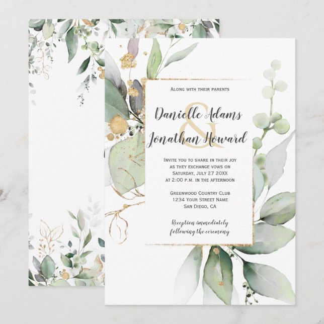 Invitación Meadow Green and Gold deja Boda geométrico Inv (Anverso / Reverso)