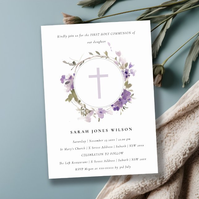 Invitación Meadow Lilac Floral Wreath Primera Comunión Santa (Subido por el creador)