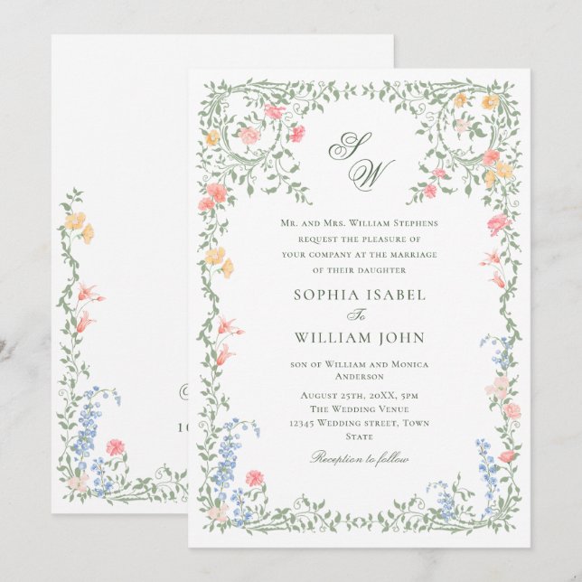 Invitación Meadow Pastel Rosas franceses Boda de flores (Anverso / Reverso)