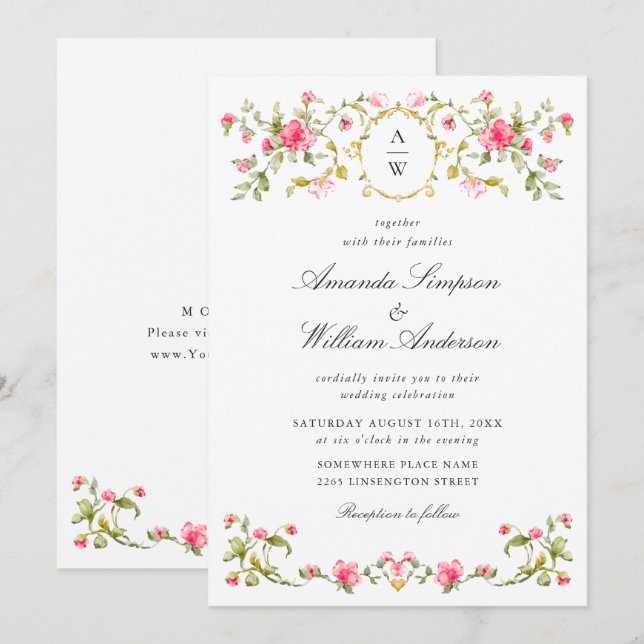 Invitación Meadow Pastel Rosas franceses Boda de flores (Anverso / Reverso)