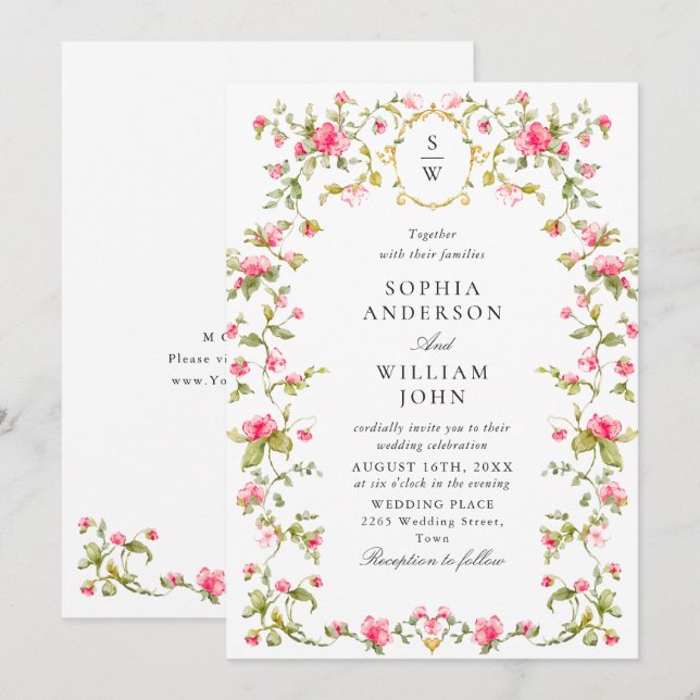 Invitación Meadow Pastel Rosas franceses Boda de flores (Anverso / Reverso)