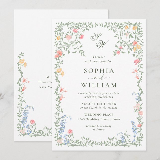 Invitación Meadow Pastel Rosas franceses Boda de flores (Anverso / Reverso)