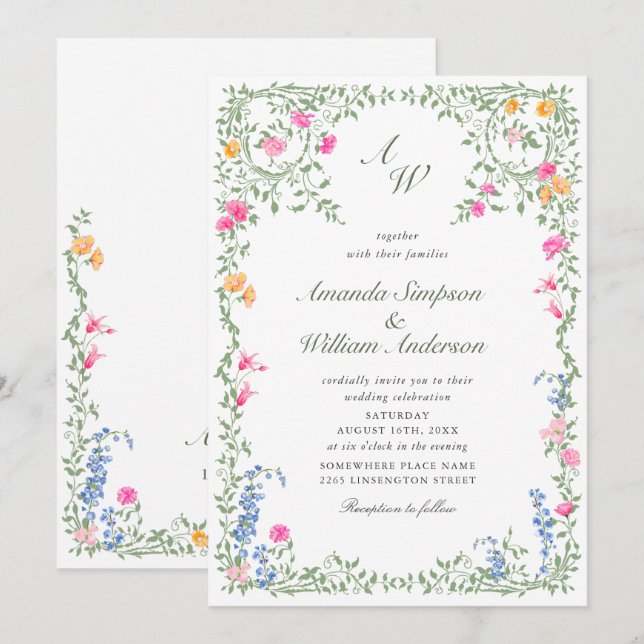 Invitación Meadow Pastel Rosas franceses Boda de flores (Anverso / Reverso)