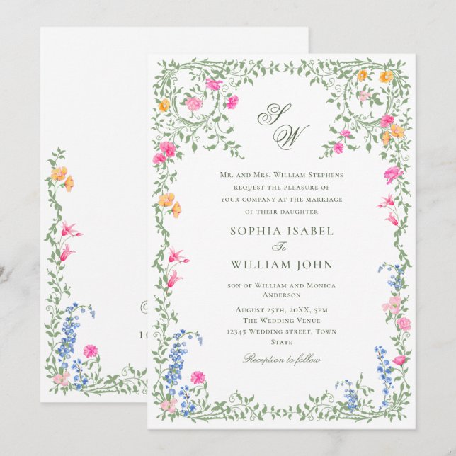 Invitación Meadow Pastel Rosas franceses Boda de flores (Anverso / Reverso)