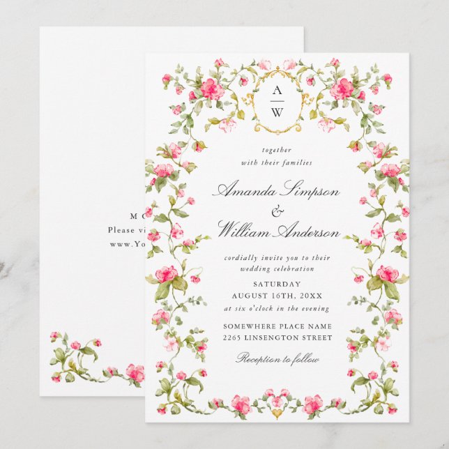 Invitación Meadow Pastel Rosas franceses Boda de flores (Anverso / Reverso)