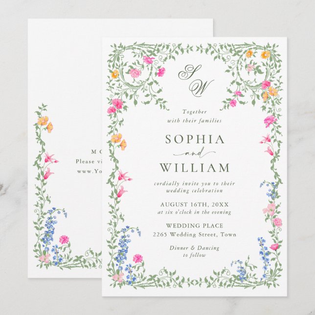 Invitación Meadow Pastel Rosas franceses Boda de flores (Anverso / Reverso)