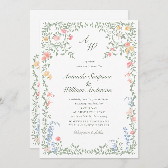 Invitación Meadow Pastel Rosas franceses Boda de flores (Anverso / Reverso)