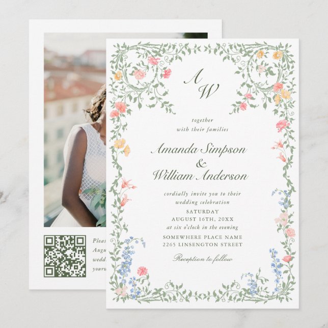 Invitación Meadow Pastel Rosas franceses Boda floral código Q (Anverso / Reverso)